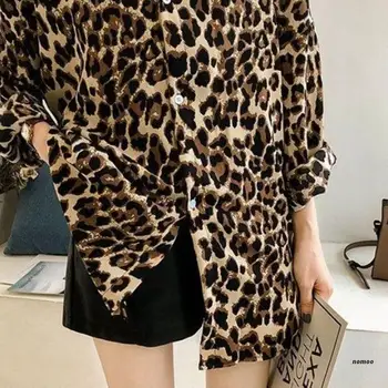 Femei Plus Dimensiune Bluza cu Maneci Lungi Vintage Leopard Imprimate Rever Guler Camasi Casual Pierde Butonul de Jos V-Neck Tunic Topuri M-4XL