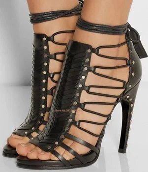 Designer dantela-up peep toe cu toc sandale femei de moda de vară cut-out strappy tocuri subtiri pantofi