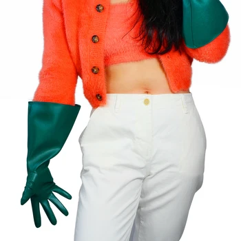 DooWay Femei Verde Mănuși de Piele Larg Puff Mâneci Supradimensionate Mare Cot Lungi Faux din Piele Fashion Show, Club de noapte, Partid Manusa