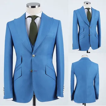 Cele Mai Recente Albastru Bărbați Costume 2023 Atins Rever Primăvară Costume Smart Casual Cavalerii De Onoare De Nuntă Petrecere Bal De Afaceri (Sacou+Vesta+Pantaloni)