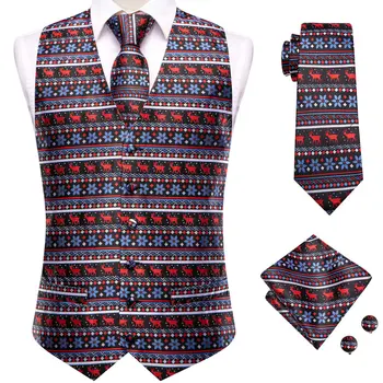 Designer Mens Vesta de Crăciun de Mătase Albastru Negru Cravată Roșie Batista Butoni Set Jacquard Vesta pentru Afaceri de sex Masculin Parte de Cadouri Hi-Cravată