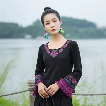 Naționale Stil Retro Stil Chinezesc Femei Moderne Casual Broderie Top Lotus O Maneca-guler Primavara Toamna