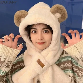 2023 Stil Coreean Femei Căciuli Capace Cald Casual De Pluș Pălării De Iarnă Drăguț Urs Ureche Pălărie Eșarfă Set Kawaii Moda Ciclism Ourdoor