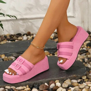 Pantofi De Sex Feminin, Papuci De Casa Platforma Slide-Uri De Vară Saboți Femeie Scăzut 2023 Moale Plaja Roma Casual Copita Tocuri Tesatura De Bumbac De Cauciuc B