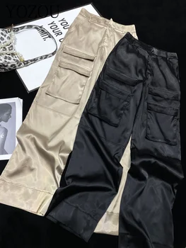 [YOZOU] de Lux Mătase Neagră, Pantaloni de Marfă Buzunare Lichid Pantaloni Femei Largi Solid de Fund coreeană de Moda Streetwear Techwear Rave