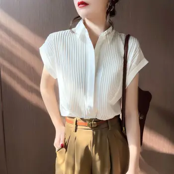 Vara Afaceri Plisată Casual Culoare Solidă Guler de Turn-down Maneca Scurta Bluza de Moda Doamnelor Butoane Sifon Tricouri Femei