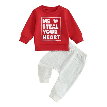 Copilul copil Haine cu Maneca Lunga Scrisoare Buzunar Tricou Pantaloni Set 2 buc Ziua Îndrăgostiților Haine