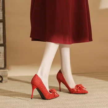 Dimensiunea 31-43 Noi Nunta Pantofi Femei cu Toc Stiletto Roșii Chineze 9cm Tocuri inalte Pantofi Rochie de Mireasa Pompe Punct de Deget de la picior