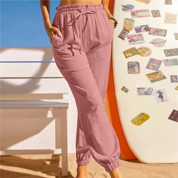 Vara Casual Lenjerie de pat din Bumbac Solid Mid-talie Pantaloni Harem pentru Femei Streetwear Vrac Pantaloni Lungi Pantaloni de Moda Pantalon 26039