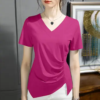 Elegant V-Neck Culoare Solidă Toate-meci Pliuri Neregulate Bluza Femei de Îmbrăcăminte 2023 Vara Noi Casual, Pulovere Asimetrice Tricou