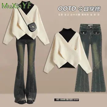 Femei Toamna Iarna Nou Denim Pantaloni de Potrivire Set coreean Elegant Tricotate Pulover+Jos Camasa+Micro Flare Jeans 3 Costum