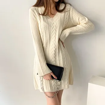 Mini Rochii Femei Rochie Pulover Femei 2021 Nouă Gros Solid Cald Iarna Elegante, Casual, Coreeană Tricotate V Gât Vestidos Chic Roz
