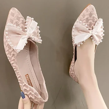 Moda Pantofi Plat Doamnelor Elegante Leneș Pantofi Arc Femei Pantofi a Subliniat Degete Mocasini pentru Femei Rochie Perla Pantofi Doamnelor Zapatos