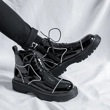 Anglia stil moda barbati cizme din piele de brevet de brand designer de pantofi alb negru cowboy platforma de boot tendință glezna botas zapatos