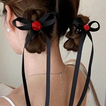Red Rose Streamer Arc Panglică Clip De Păr Pentru Fete Elegante, De Înaltă Calitate, Legături De Păr Accesorii De Par Estetice Pentru Femei