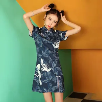 Japonez Harajuku Stil Retro Slim Cheongsam Femei Chineză Tradițională Macara De Imprimare Qipao Club Albastru Oriental Rochie De Femeie