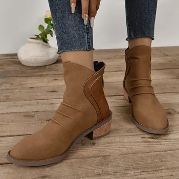 Iarna Toc Pătrat Moderne Cizme Glezna Concis 2024 Vânzare Fierbinte Doamnelor Pantofi Rotund-Deget de la picior Toc mic Solide Plisata pentru Femei Cizme Botas