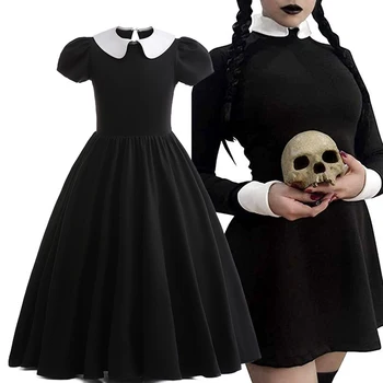 TV miercuri Addams Cosplay Costum Gothic Black Lolita Rochie de Bal Peruca Tinuta Petrecere de Halloween Costume Pentru Femei Fete 2-12 Ani