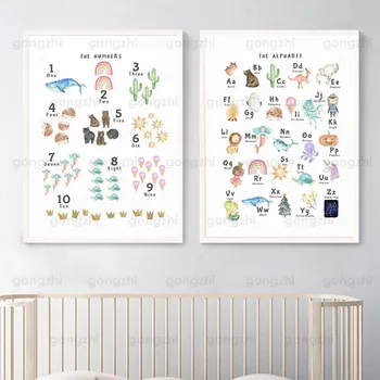Animale De Desene Animate Panza Pictura, Copiii Invata Numere, Litere Limba Engleză Grădiniță Grădiniță Camera Pentru Copii Decor De Perete Imprimare Postere