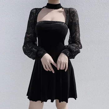 Stil gotic din Dantela Neagra Cusaturi Rochie Deschis Spate Fusta Plisata Întuneric Sexy Club de noapte Partid Fusta Mini de Primăvară Nouă de Îmbrăcăminte pentru Femei