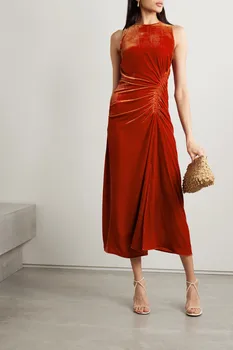 Scurte elegante de Catifea Roșie, Rochii de Bal, Cu Buzunare Teaca O-Gât Cutat Ceai de Lungime Rochie de Seara pentru Femei
