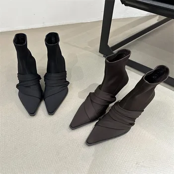Facultatea de Cizme cu Toc pentru Femei Pantofi mici de Încălțăminte de Iarnă Cizme-Femei Glezna 2023 Ascutit Toc de Toamnă Cauciuc Slip-On Solid Roma Dantela-