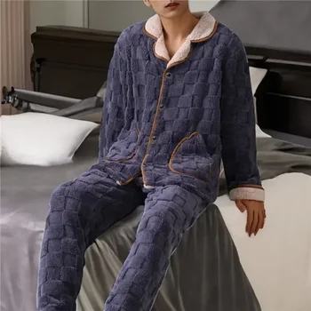 Costum de flanel Iarna Pijamale Pierde cu mâneci Lungi Jodimitty Toamna Guler Două piese Pijamale de Turn-down Set de Cald Pantaloni Barbati
