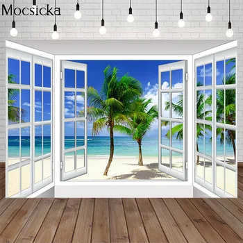 Mocsicka Vara Fundaluri Mare Plajă De Nisip Fereastra De Palmier, Cer Albastru Vacanță În Hawaii Elemente De Recuzită De Fotografie De Fundal Studio Foto