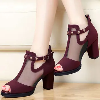 2024 De Femei Pompe De Înaltă Gros Negru Tocuri Doamnelor Pantofi Nit Plasă Cu Fermoar Sandale Casual, Petrecere De Nunta Platforma Indesata Sandale