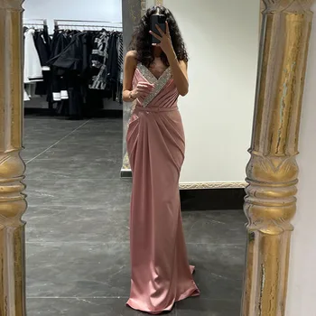 Sirena roz Partidul Seara Dress V Gâtului Etaj Lungime Conservatie Cu Centura Fermoar Spate Rochii pentru Femei Petrecerea de Nunta Seara 2023