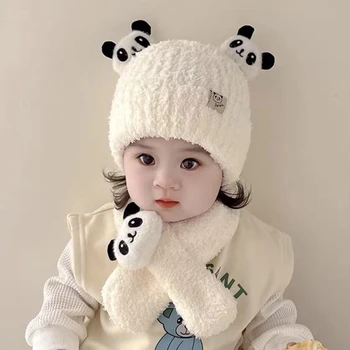 Copii Pălărie și Eșarfă Set Elegant de Mult de Eșapament Cald Cravată Panda Drăguț Animal de Pluș Capota Practic Echipament de Iarnă
