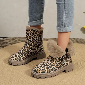 De Vânzare la cald Leopard de Imprimare Chelsea Cizme Femei de Iarna de Moda Cizme de Blana Cald cu Fermoar Lateral Rotund Deget de la picior Toc Gros Doamnelor Cizme de Zapada