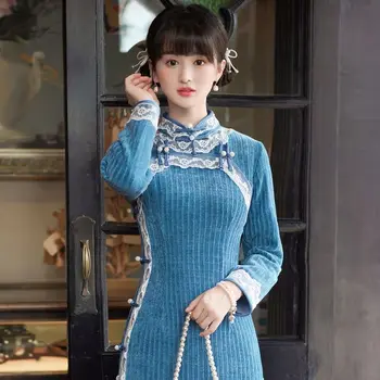 2024 stil chinezesc toamna noua tinere albastru cu mâneci lungi qipao elegant îmbunătățit cheongsam hanfu rochie tangsuits rochie