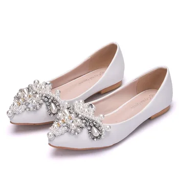 Femei Albe, pantofi Plat a Subliniat Toe Nunta, pantofi de Mireasa Șir de Mărgele Rochie de Petrecere Pantofi Lady Crystal Pearl Apartamente