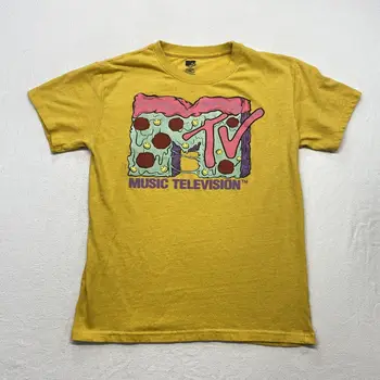 MTV Galben Retro Pizza Logo-ul T Shirt Galben Mediu de Bumbac Echipajul Gât