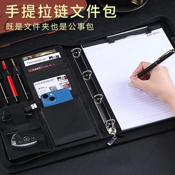 Multifunctionala A4 cu fermoar folder portabil expoziție de vânzări clip de afaceri en-gros de birou volante manager clip din piele