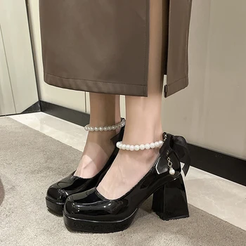 2023 Toamna Pantofi pentru Femei Sting Șirag de mărgele Catarama Curea Femei Tocuri Toc Pătrat Square Toe Doamnelor Pompe Platforma Mary Janes