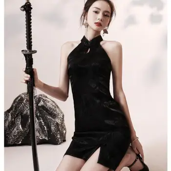 Stil Gotic Femei Dragon Banchet Cheongsam Chineză Doamnelor Petrecere De Seara Rochie De Epocă Fără Mâneci Fete Slim Mini Qipao Vestidos