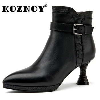 Koznoy 7cm Lux Relief Primăvară FERMOAR Glezna Cizme Etnice Toamna Eleganta Femei Doamnelor Designer Naturală de Vacă din Piele Pantofi