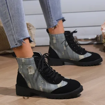 Pantofi de iarna pentru Femei Front Dantelă-up pentru Femei Glezna Cizme Toc Pătrat cu Toc mic pentru Femei Pantofi Mozaic Plus Dimensiune Doamnelor Cizme