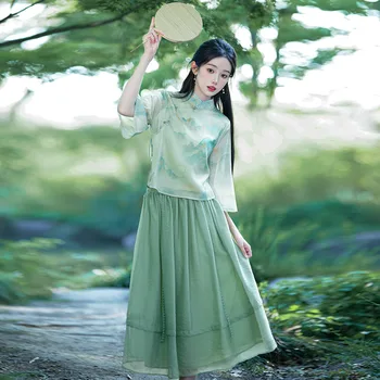 Elegant de Vară de Performanță Catwalk Show Verde Îmbunătățit Qipao Fusta Stil Chinezesc Catarama Proaspete Tang Costum Hanfu Rochie pentru Femei